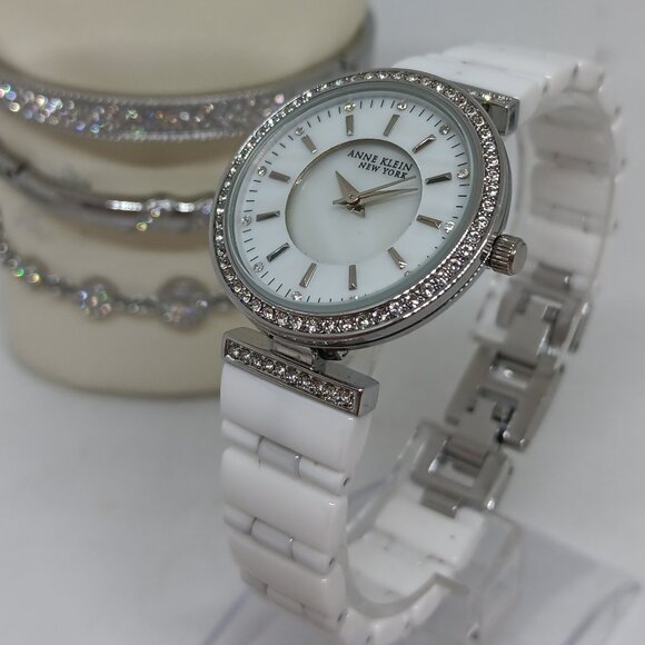 Anne Klein 12/2275SVST Women's 30mm White Ceramic Watch & Bracelet Set - Picture 1 of 12